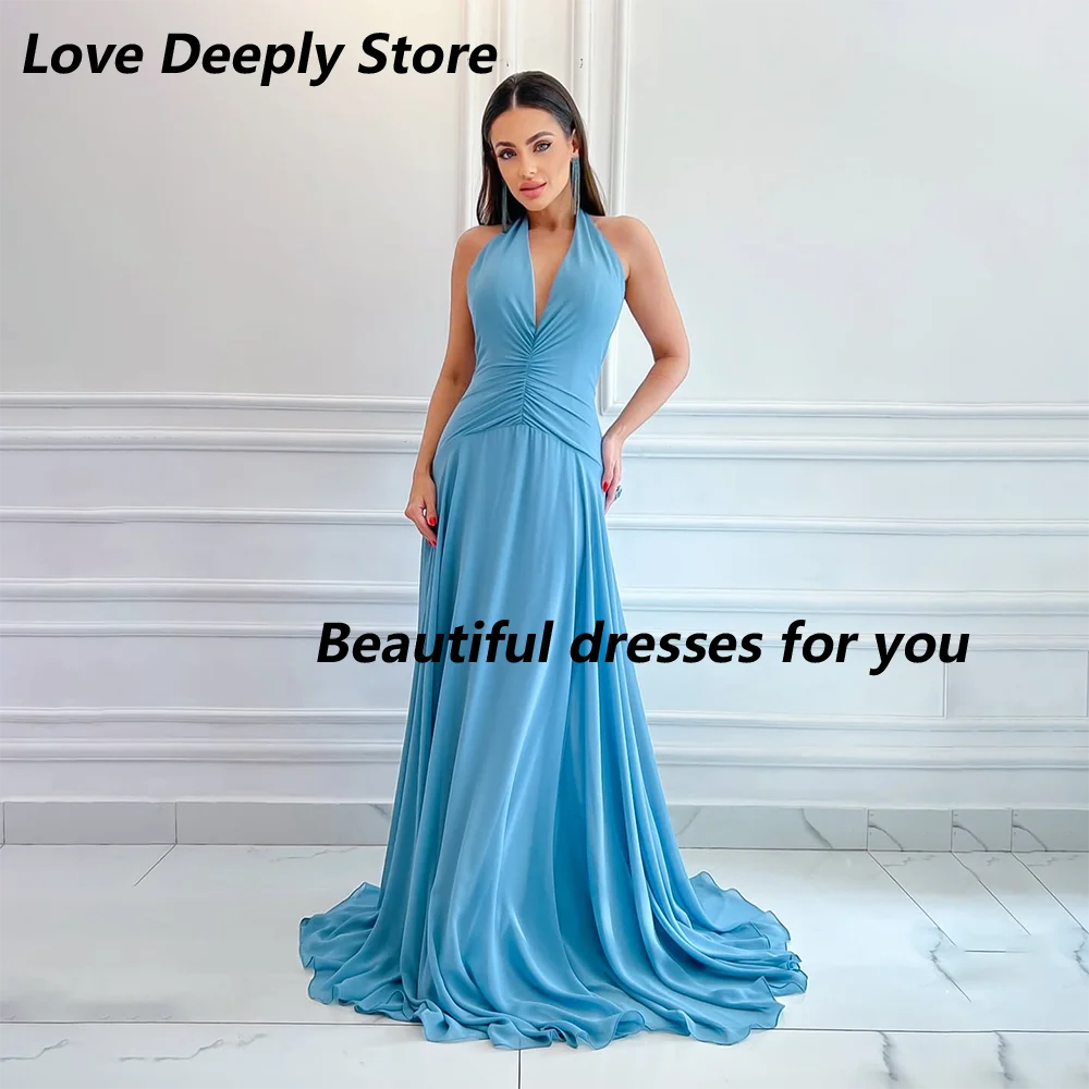 

Elegant Blue Long Prom Dress Halter V-Neck Pleated Chiffon A Line Evening Gowns Backless Floor Length Party Dresses Customized