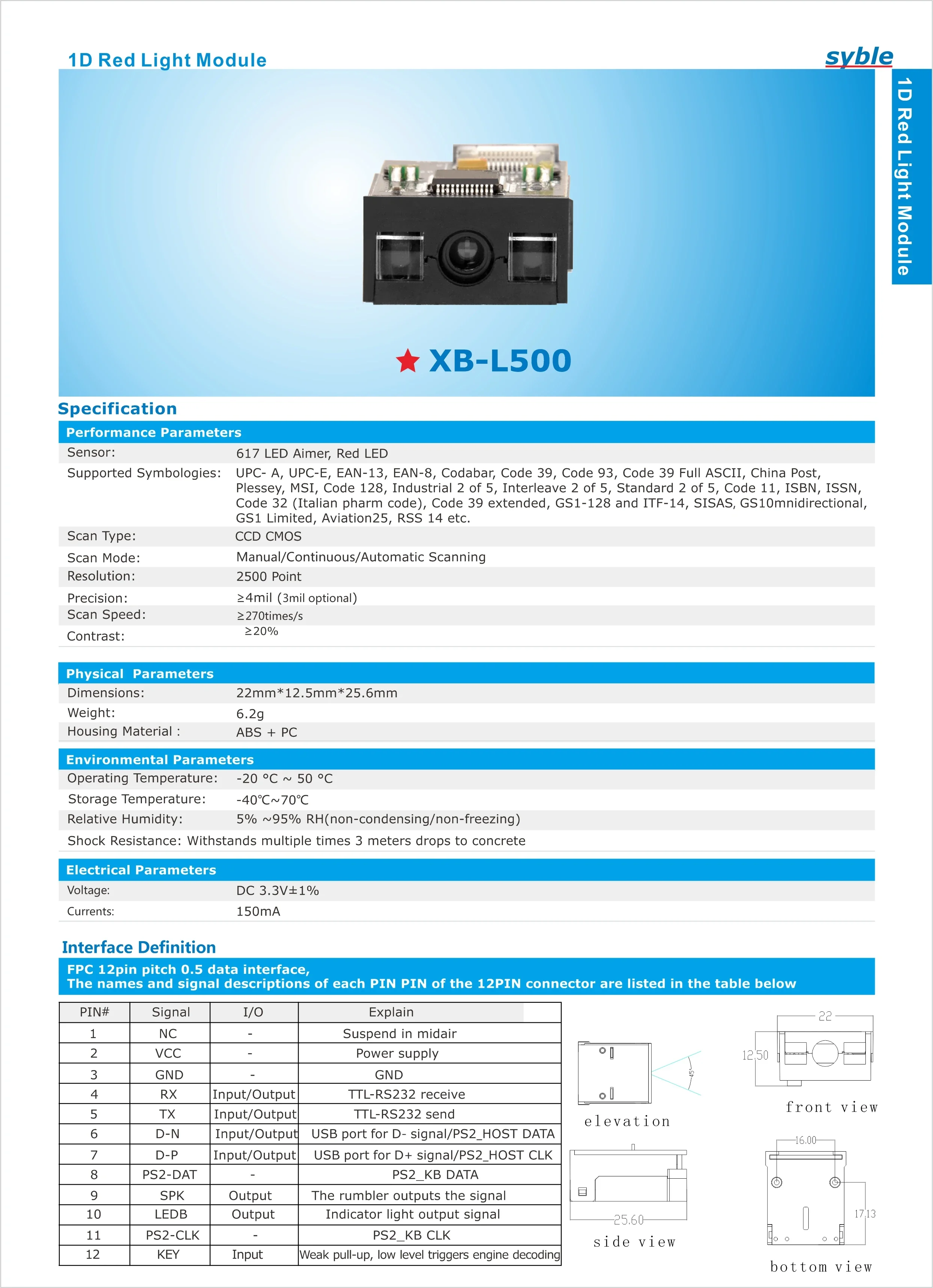 XB-D2500 Scanner de Código de Barras Embutido Syble Raspberry PI Módulo de Scanner de Código de Barras Linear 1D CCD