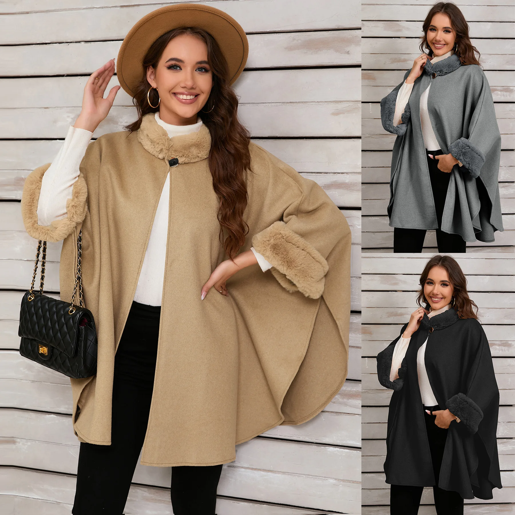 

Women's Trendy Autumn and Winter Big Rabbit Fur Collar Mid-length Wool Coat Temperament Cape Shawl Hepburn Style