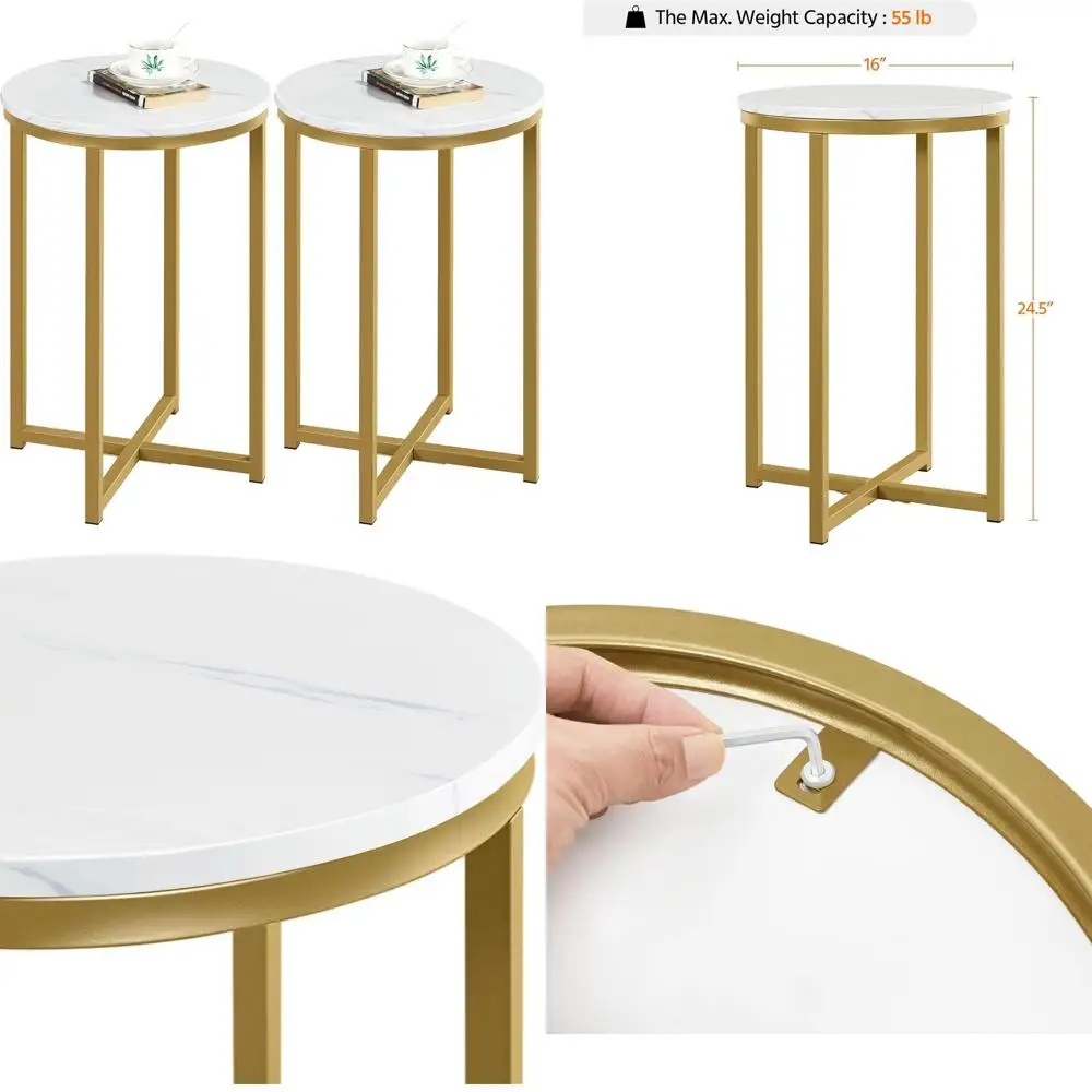 

Комплект из 2 круглых кофейных столиков с 16 элементами из мрамора и металлическим приставным столиком для гостиной/небольших помещений, золотой цвет