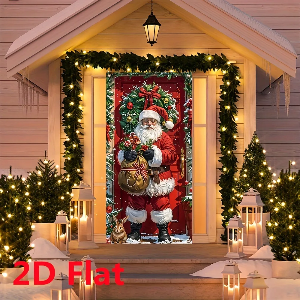 1 Piece 2D Christmas Themed Banner with Santa Claus Gift Bag and Rabbit Pattern, Perfect for Holiday Home Decoration