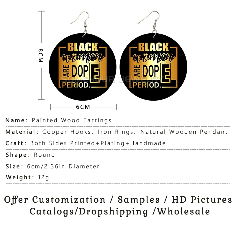 SOMEHOUR Black Unapologetically Excellence Wooden Drop Earrings For Women Stay Hustle Golden African Map Print Dangle Jewelry