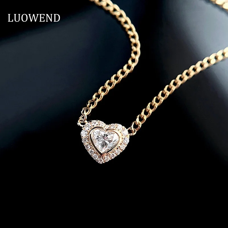 

LUOWEND 18K Yellow Gold Necklace Real Natural Diamond Pendant Necklace for Women High Engagement Jewelry Romantic Heart Design