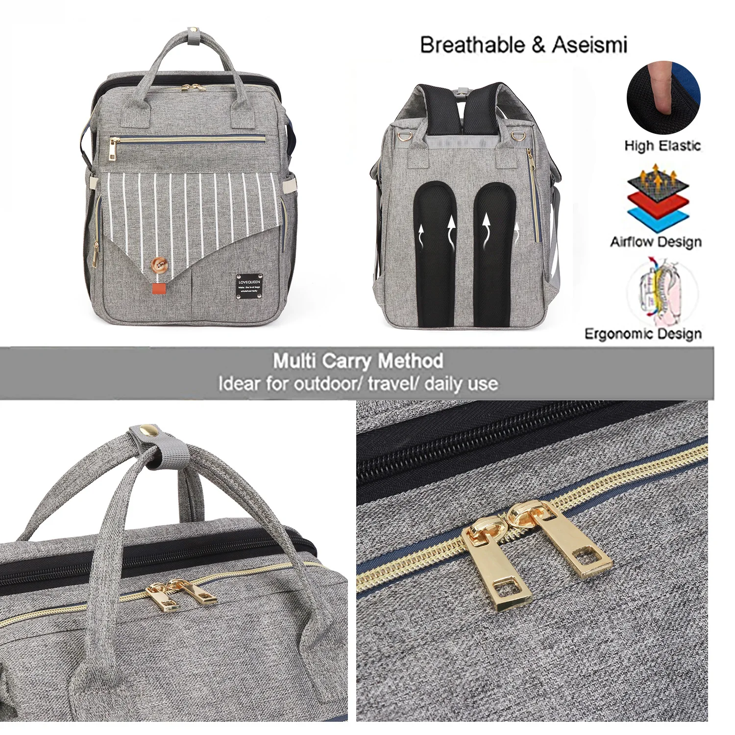 3 in 1 Diaper Bag Backpack Foldable Baby Bed Waterproof Travel Bag with USB Charge Diaper Bag Backpack with Changing Bed 3 Types