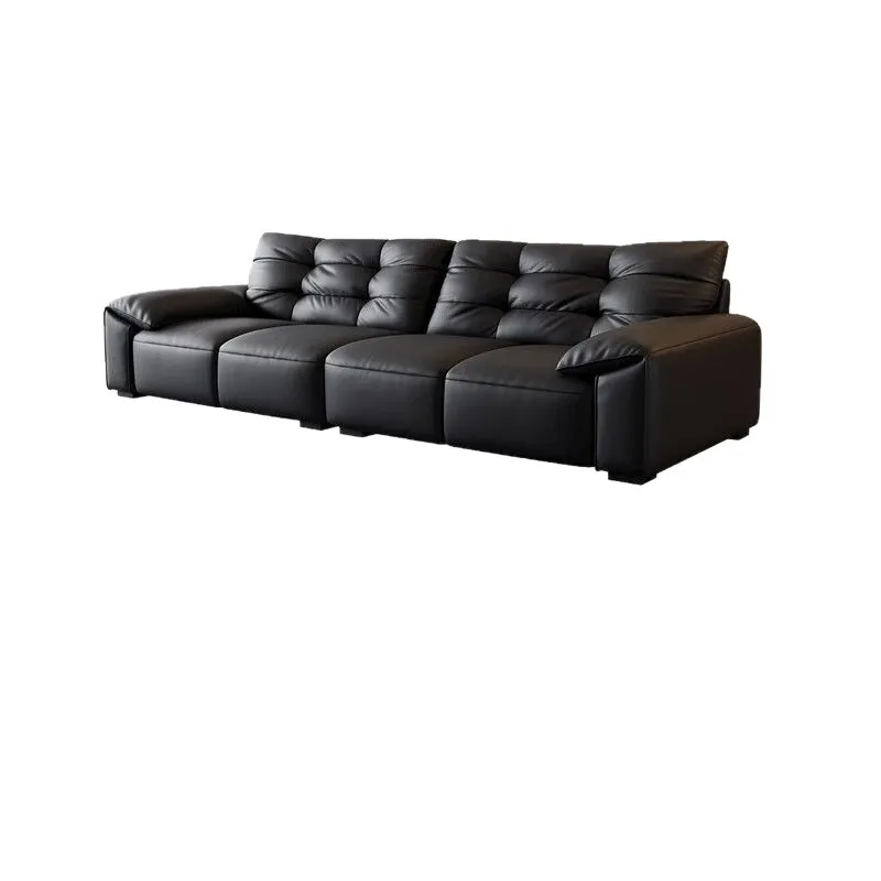 Light luxury first-layer leather straight-row sofa, leather sofa, antique minimalist big black bear sofa