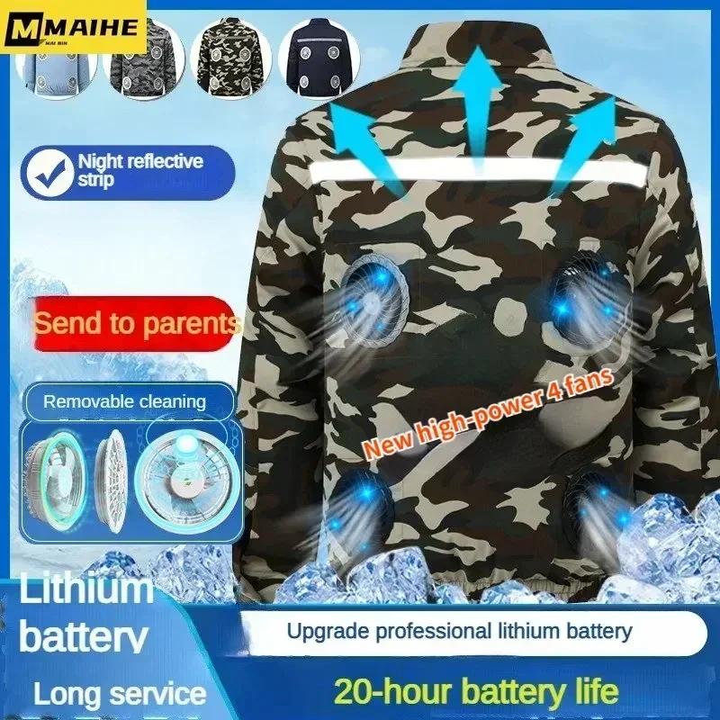 Nueva chaqueta Cool 4 Fan, chaqueta de hielo para hombre, traje de aire acondicionado Usb, refrigeración, pesca de verano, protección contra el calor, ropa de trabajo de camuflaje