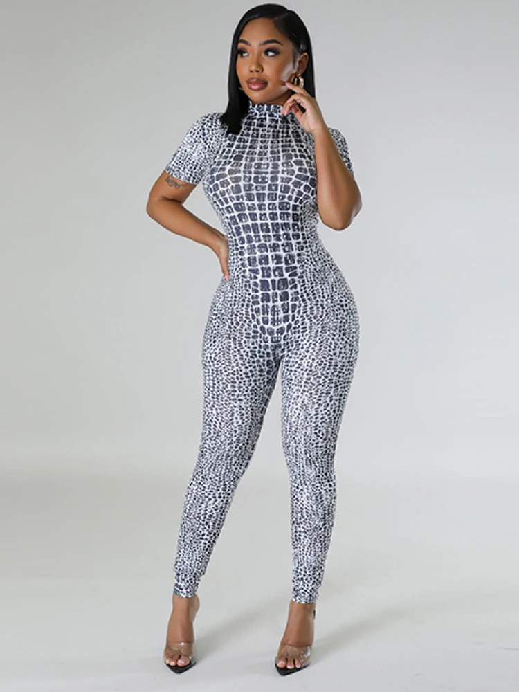 Printed Jumpsuit New Tight And Sexy Short Sleeved High Necked Casual And Sexy Fashion Women\'s Jumpsuit Long Pants