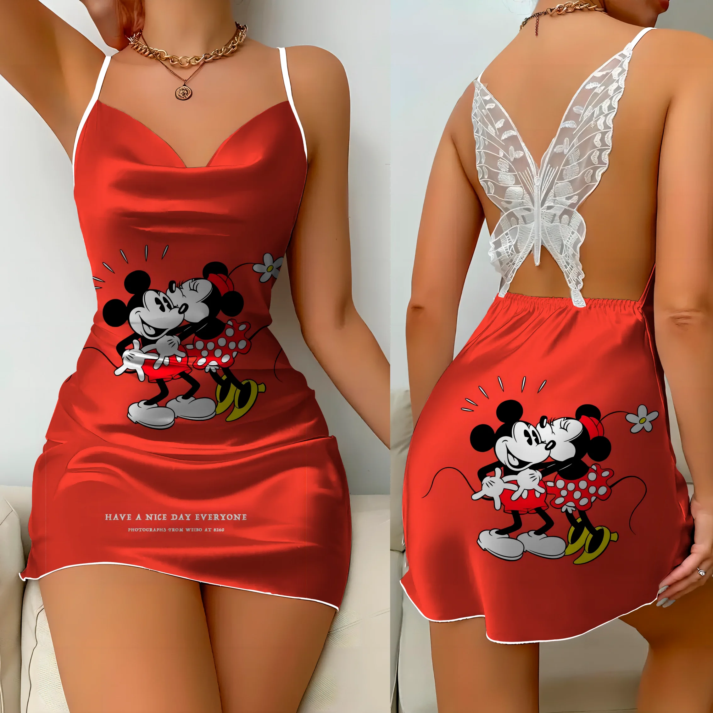 Mini vestido sem costas com nó arco para mulheres, vestidos sexy, superfície de cetim, Minnie Mouse, Mickey, saia pijama Disney, moda feminina,