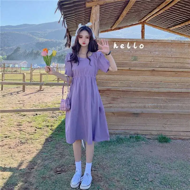 Sweet V-Neck Solid Color Shirring Bandage Bow Midi Dress Female Clothing Summer New Loose Korean Puff Sleeve Casual Dresses