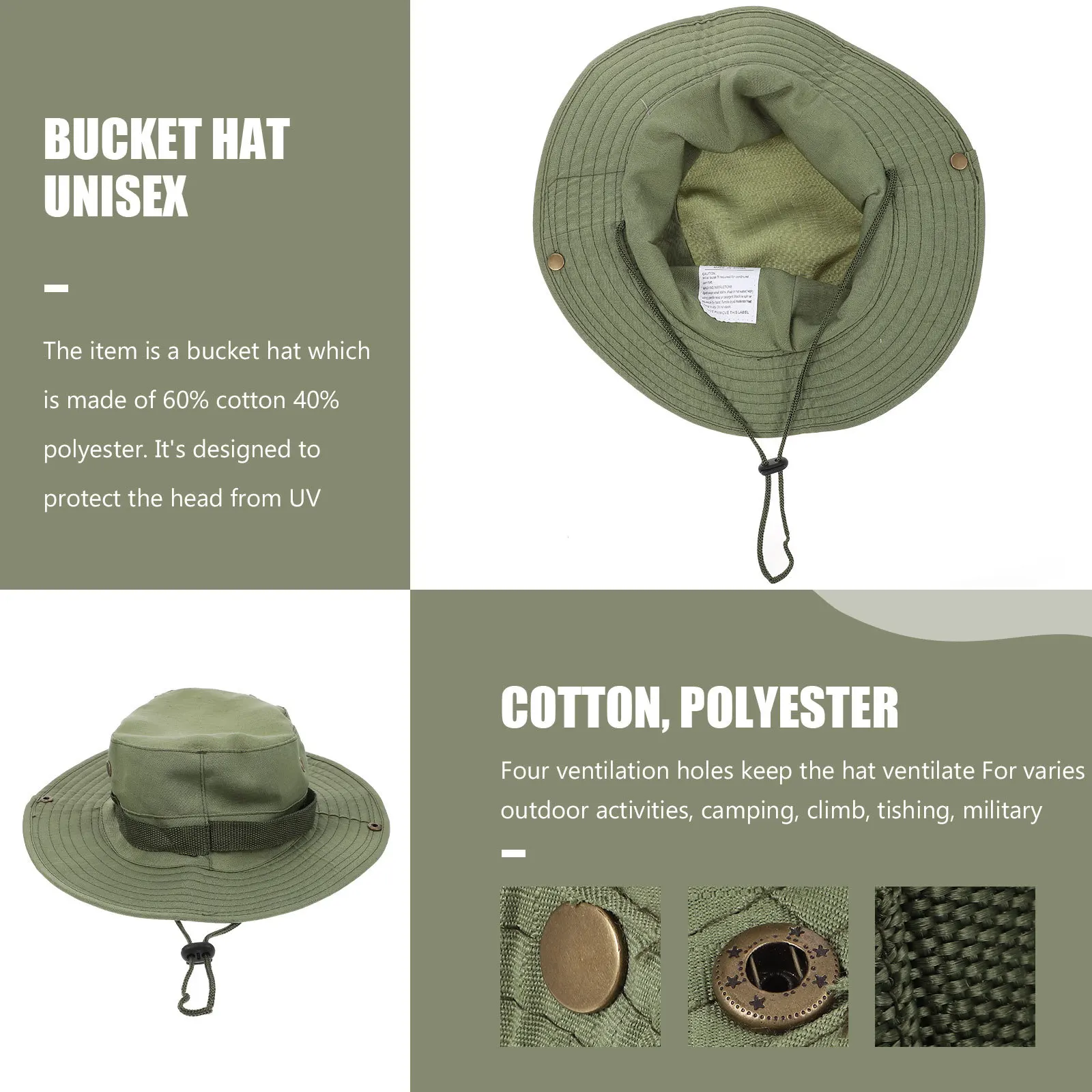 

Boonie Bucket Hat Army Green Wash Cotton Outdoor Lightweight Adjustable Chin Strap Fishing Hiking Camping Hat Ventilation Holes