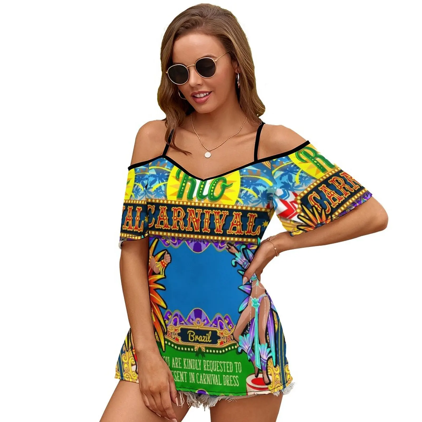 Rio Carnival Poster Frame Brazil Carnaval Mask Show Parade Slit Sleeve Cold Shoulder Print Women T Shirt Casual Summer Tee