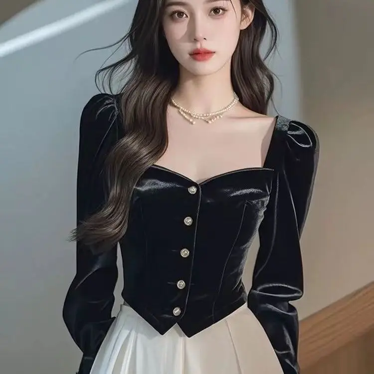 Spring and Autumn French Style High-End Salt Based Light Cooked Professional Small Fragrance Velvet Shirt for Women