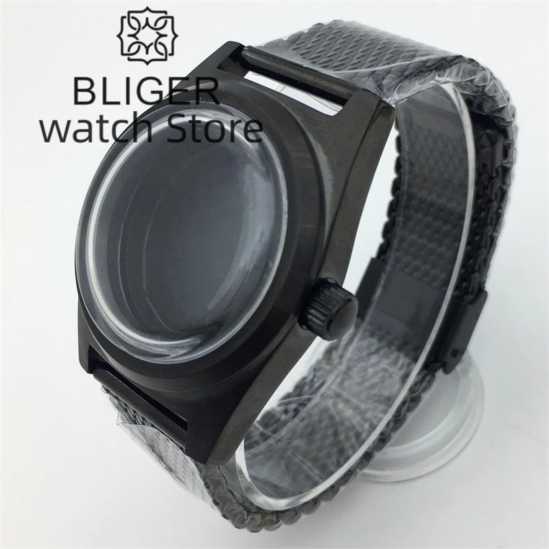 

BLIGER 38mm PVD Black Case Dome Glass Stainless steel Bezel Black Mesh Strap For NH34 NH35 NH36 ETA2824 PT5000 movement