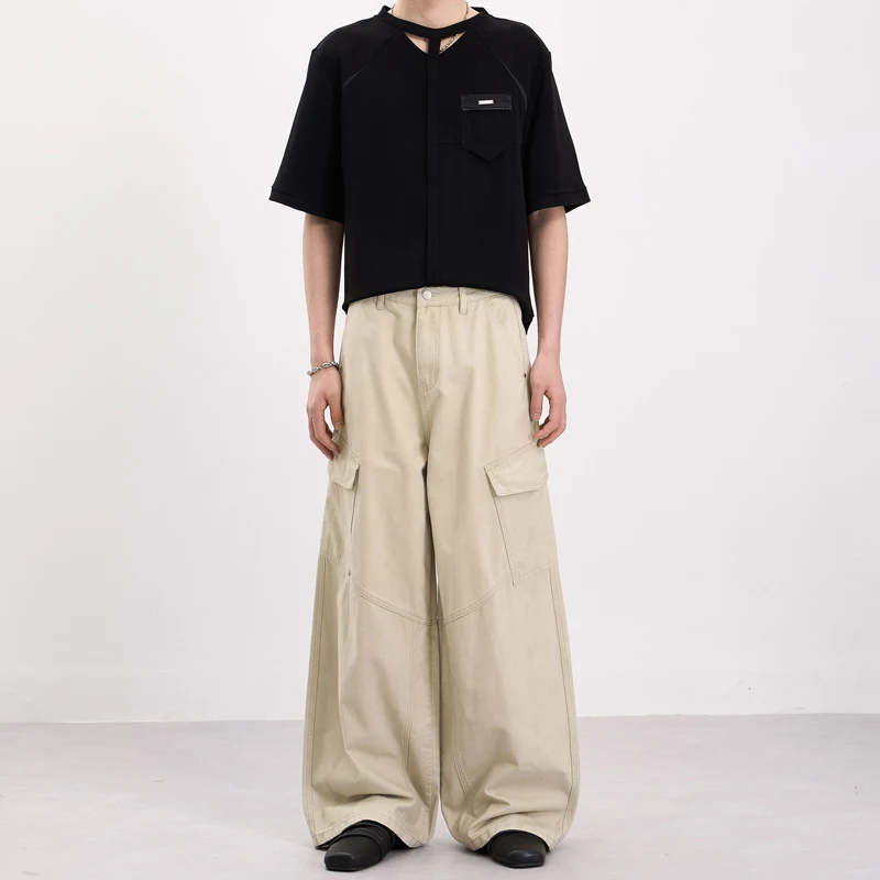 

Коричневые мужские брюки-карго в американском деконструированном стиле с большими карманами, шикарные, свободные, прямые, повседневные, новинка 2026 года