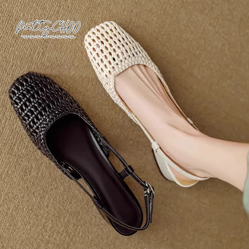 Szykowne plecione sandały na pasku Kobieta Słomiane plecione sandały na niskim obcasie Ladies Brand Design Summer Square Toe Hollow Out Dress Shoe