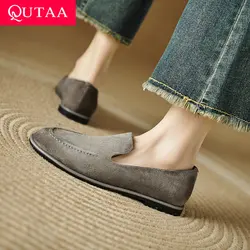QUTAA 2025 Fashion Women Flats Shoes Heels Ballet Spring Leather Comfort Square Toe Casual Pumps Summer Shoes Woman Size 34-40