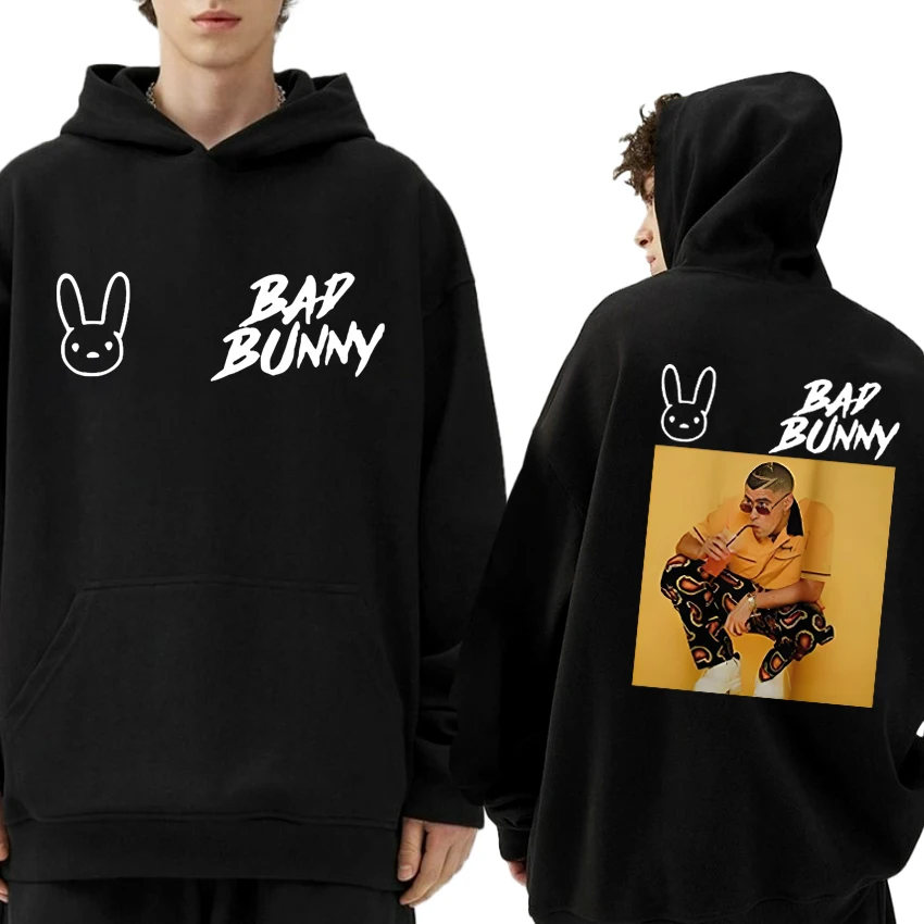 

Hot Sale Bad Bunny Yellow Rap Double Sided printed Sweatshirt Men women vintage hip hop streetwear Unisex Fleece Winter Hoodie