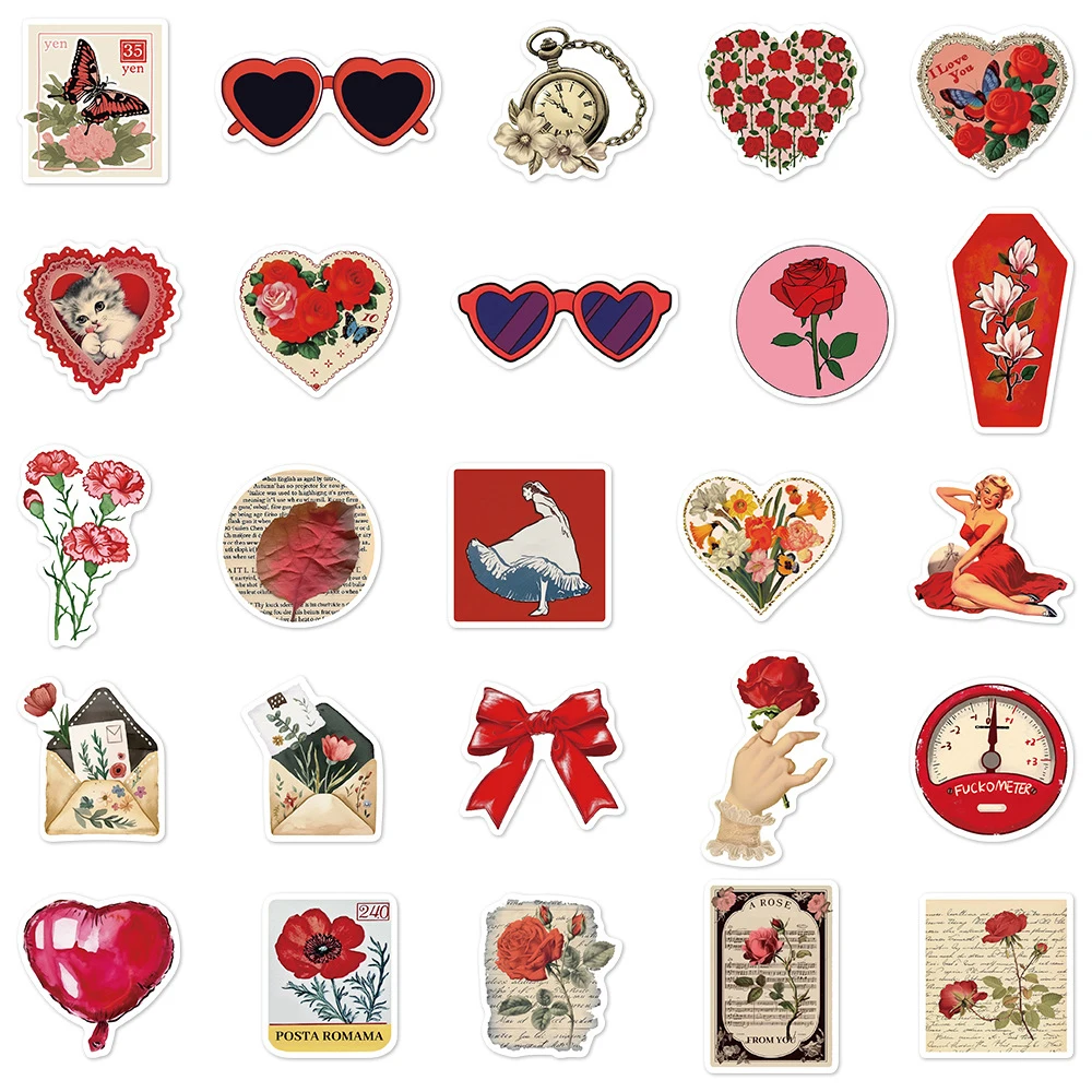 

10/30/50pcs Cartoon Vintage Red Aesthetic Art Stickers Waterproof Graffiti DIY Notebook Luggage Phone Guitar Creative Decal Gift