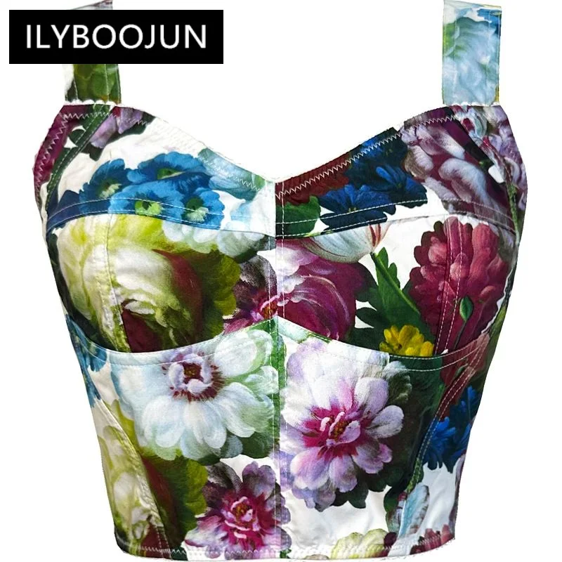 

ILYBOOJUN Fashion Designer Summer 100% Cotton Short Top Women Spaghetti Strap Sleeveless Floral Print Vintage Backless Tops