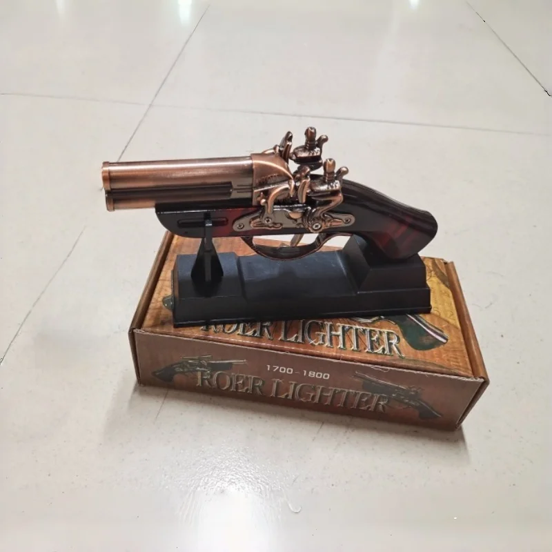 

Retro Gun Shaped Gas Lighter Creative Desktop Decoration Windproof Red Flame Metal Cool Office Living Room Decoration Men's Gift