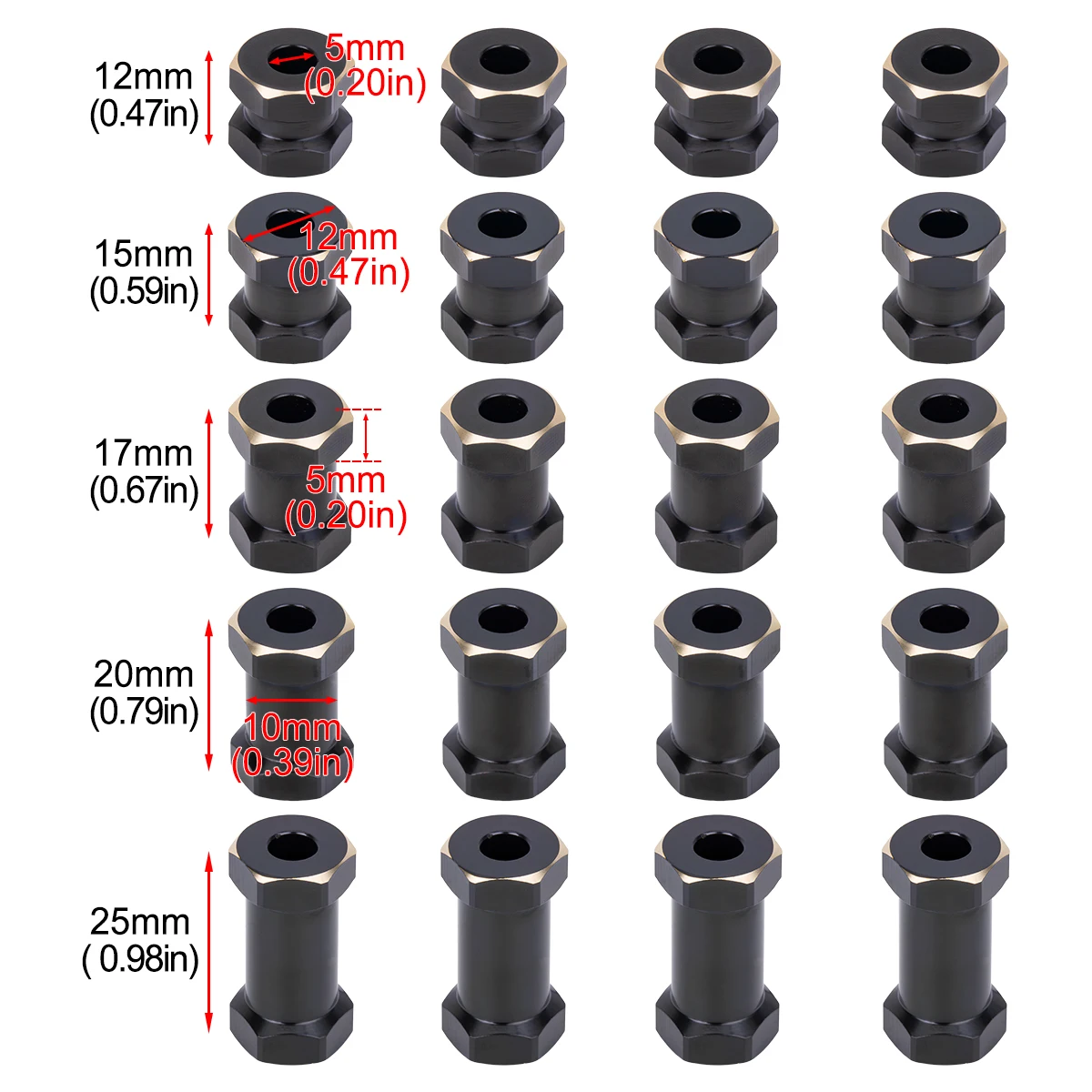 2 cores-4 peças adaptadores hexagonais de roda estendida de latão resistente 12/15/17/20/25mm para 1/10 RC Crawler Axial SCX10 II 90046 D90