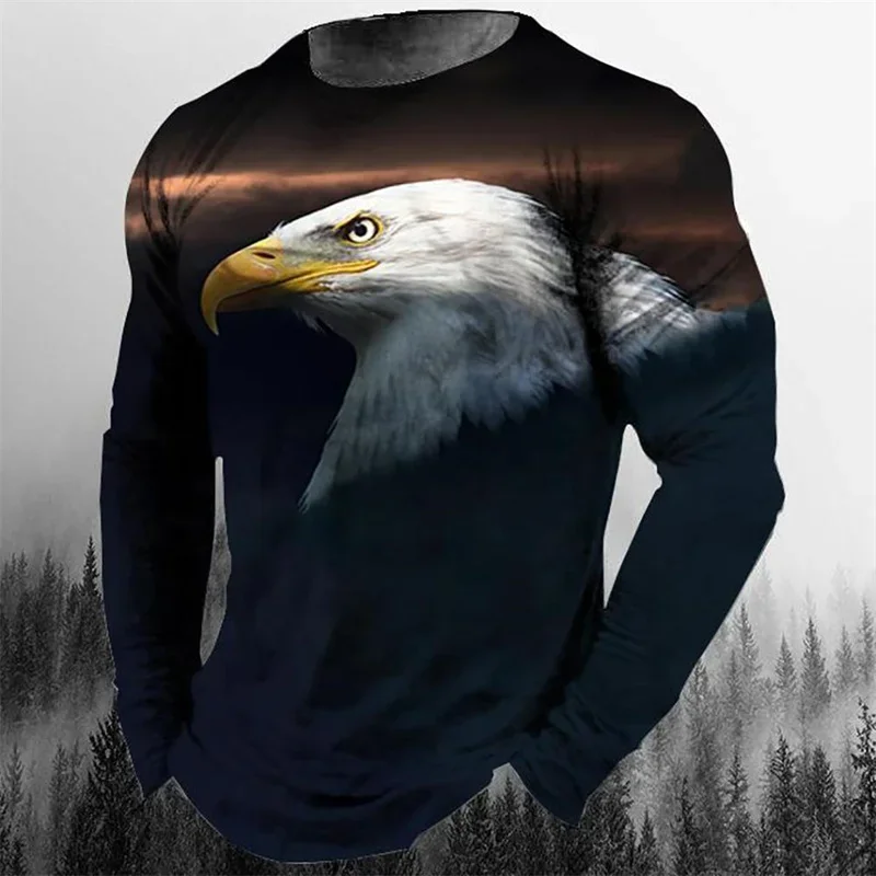 Multicolor Eagle Raven Long Sleeve T Shirt Men Animal Graphic Cool Loose Fashion Trendy Streetwear Novelty Vintage Outdoor
