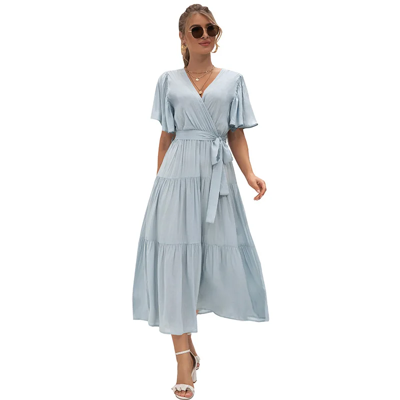 2022 Summer New Fashion Women's Dress  Sexy V-neck Dress Solid-color Splicing Short Sleeve Big Swing Dress Leisure Belt Dress