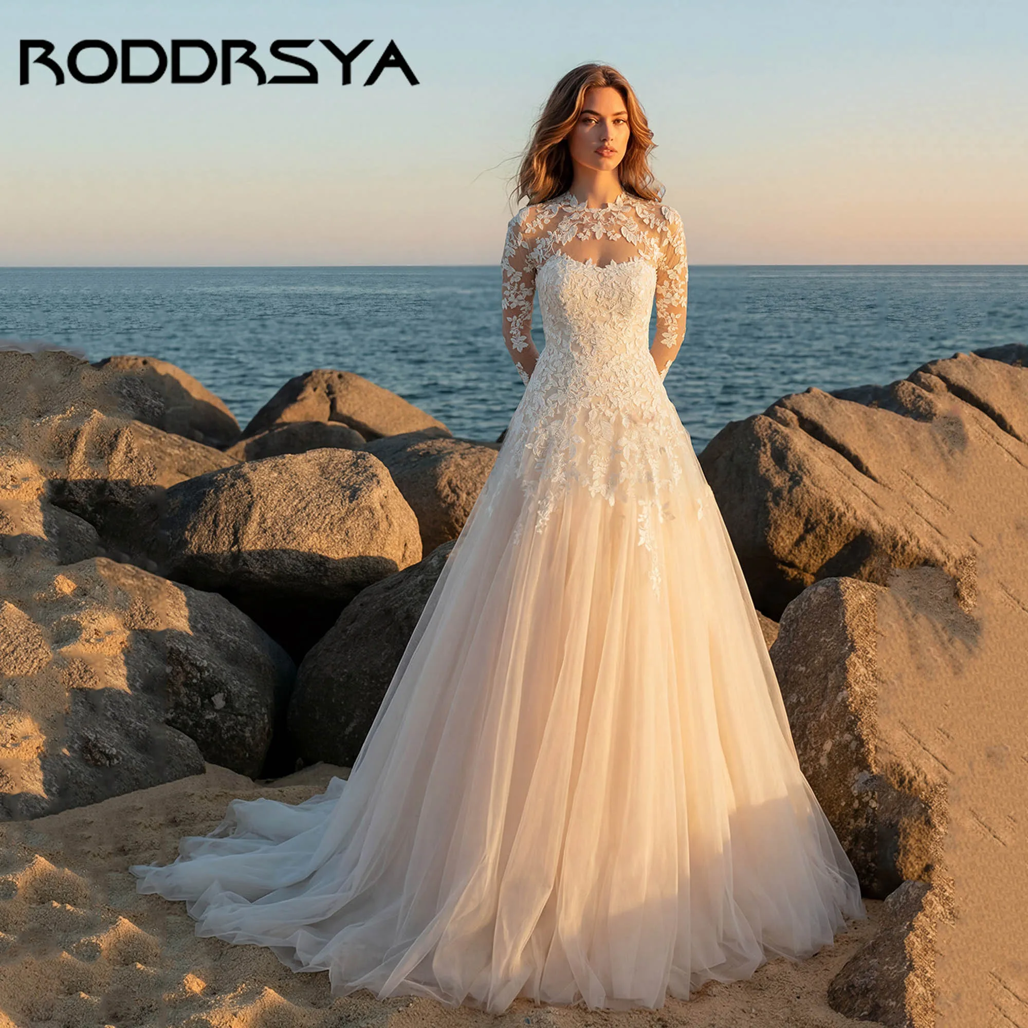 

RODDRSYA Customized Detachable Long Sleeve High Neck Wedding Dress Appliques Open Back A Line Tulle Bride Gown vestidos de novia