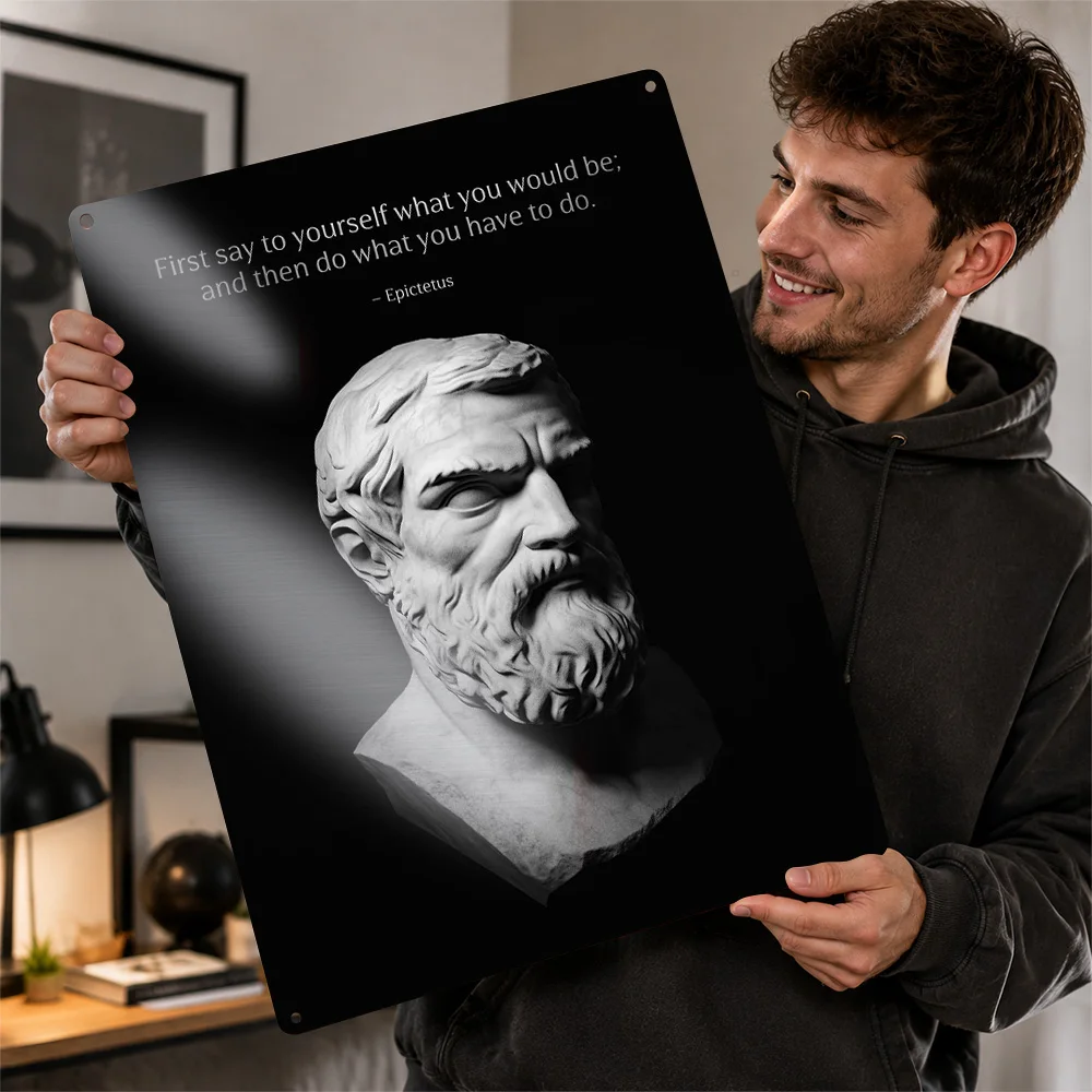Epictetus Quote With Bust Printed Poster Monochrome Wall Art For Reading Room Customized Aluminum Metal Sign Book Lover Gift