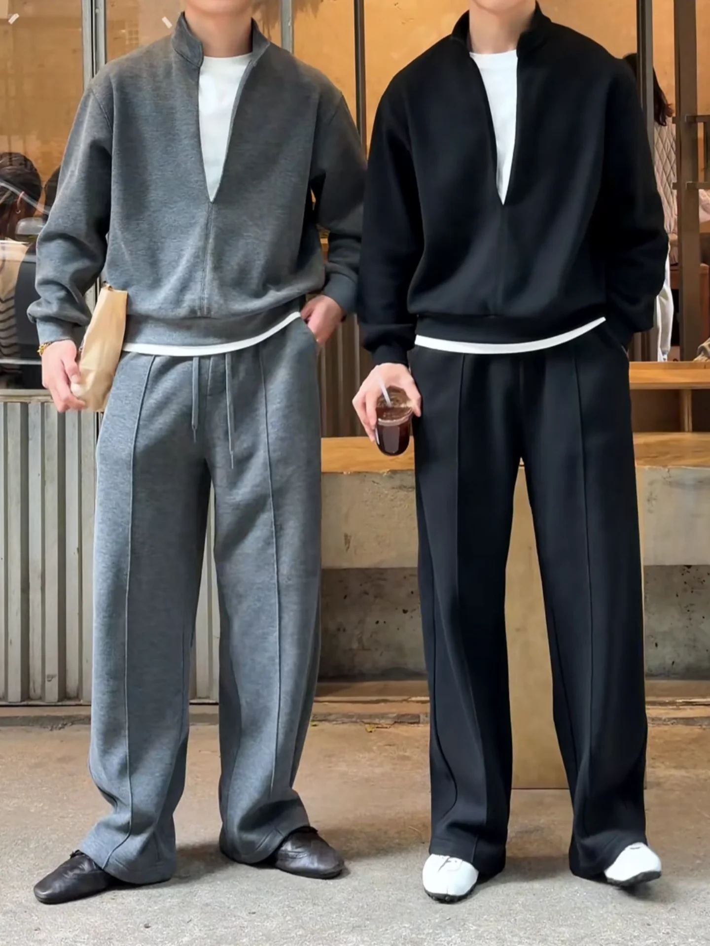 

Men's Winter Faion High Quali Heavyweight V-Ne Faux Two-Piece Layered Sweatirt Straight Casual Pants Sli Set