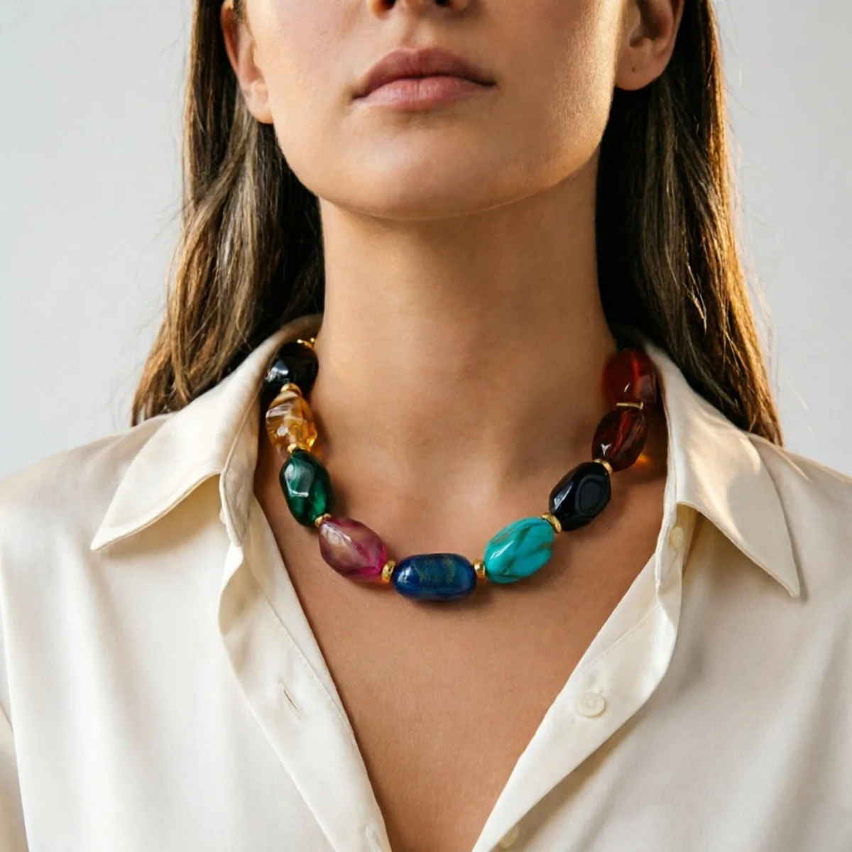 Klobige Unregelmäßige Acryl-Perlenkette für Damen und Herren, Bunte Imitations-Natursteinperlen-Halskette, Vintage-Punk-Schmuck – Detail 17