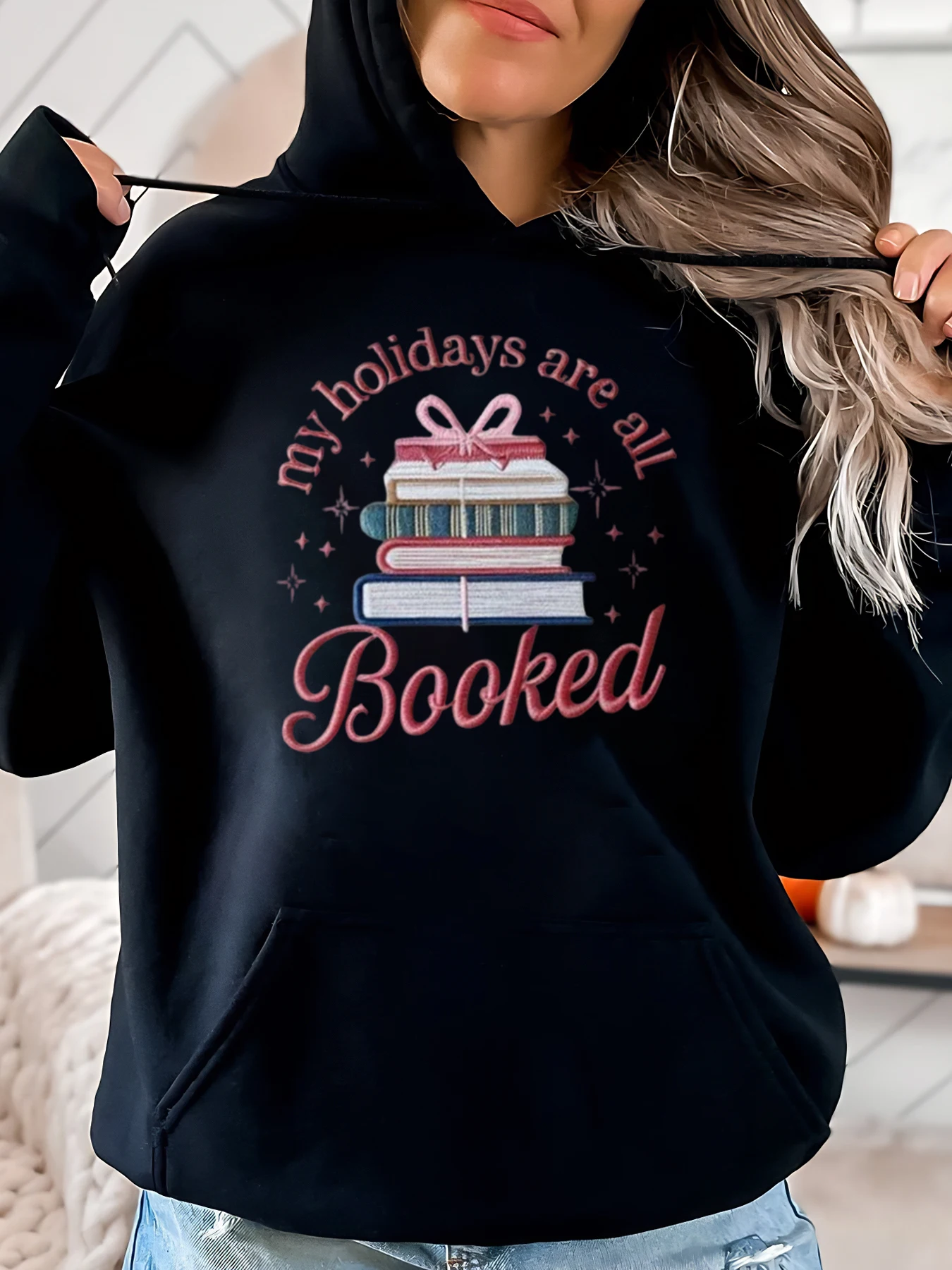 Mis vacaciones son todos los libros libros apilados estampado Navidad Sudadera con capucha mujer ropa casual regalo de vacaciones negro talla grande