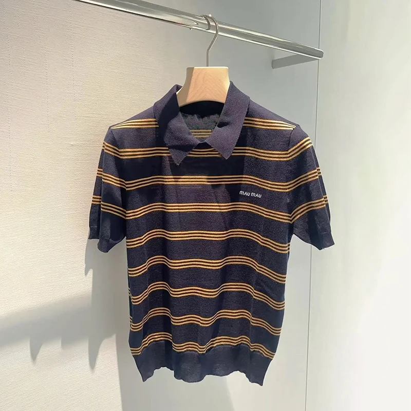 

High-End Women's ort-Sve Knitted Ne irt Embroidered Striped Color Blo Faionable Youthful Korean Sle Slim Fit
