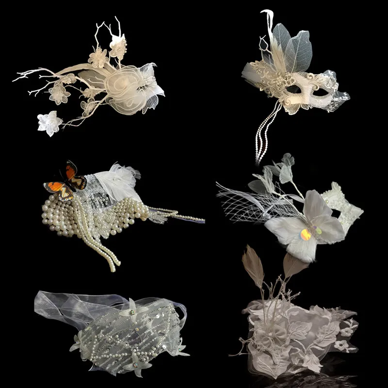 

Handmade Textured Bead Mask Queen White Moonlight Socialite Fashion Party, Halloween Children's Wedding Accessories