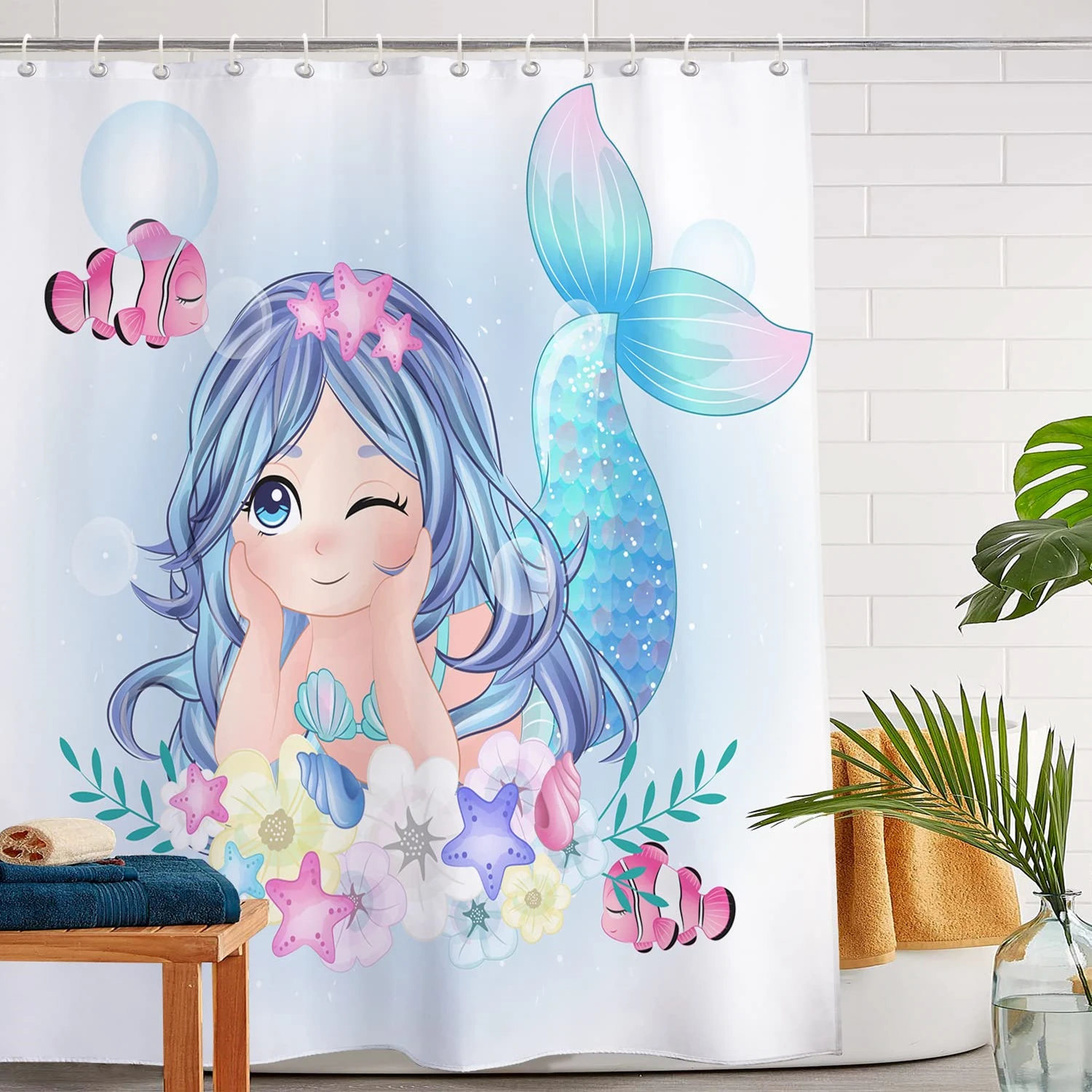 Mermaid Shower Curtain Tail Fish Girls Kids Cartoon Ocean Heart Colorful Purple Hair Seaweed Bath Decor with Hooks Waterproof