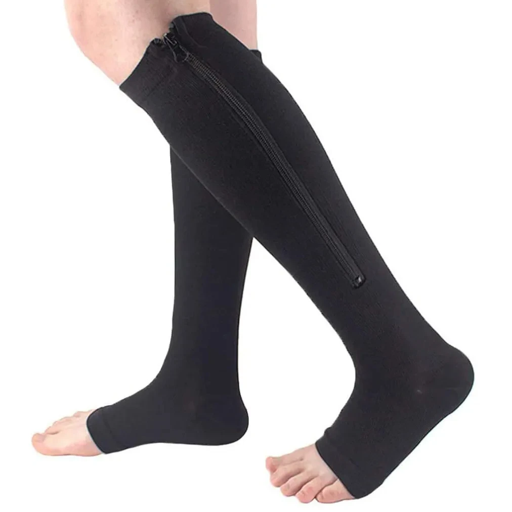 Unisex Compression Socks With Side Zipper Open Toe Tight Socks Knee Leg Support Medical Prevention Of Varicose Veins Muscle Pain