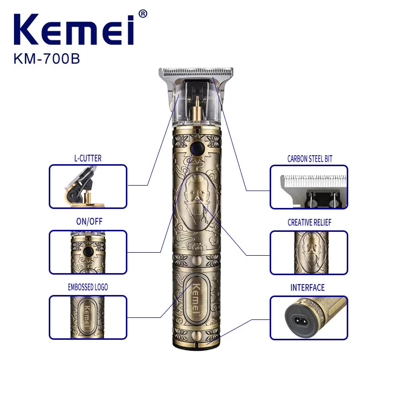 Kemei Professional Electric Hair Clipper Precision Beard Trimmer Retro Relief Rechargeable Oil Head Carving Push Shear KM-700B
