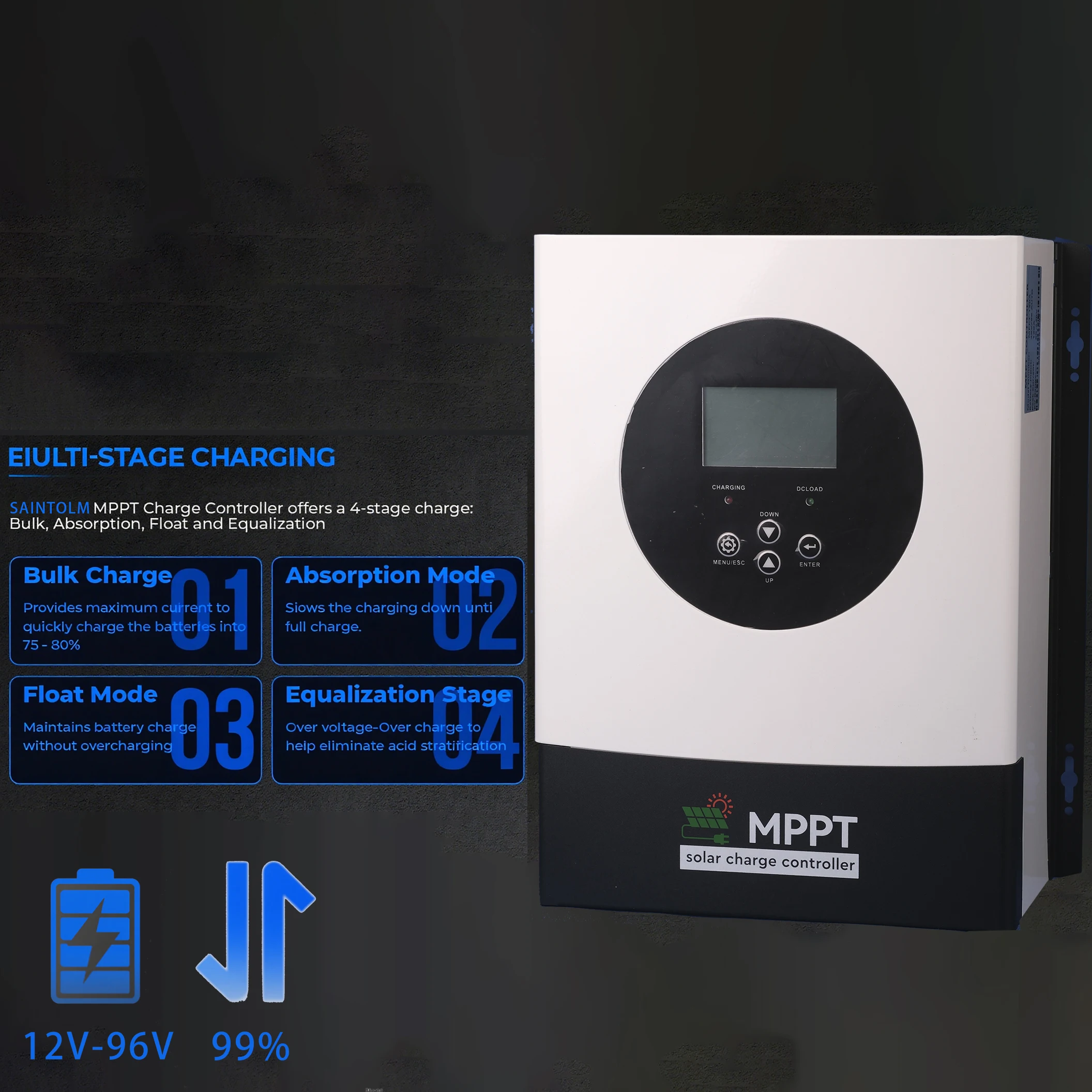 

SAINTOLM 120A Aiuto Smart Solar Charger Controller PV180V BAT12-48V,PV230V BAT48-96V 30/60/80100Amp Lifepo4,AGM.GEL,FLD,Li BAT