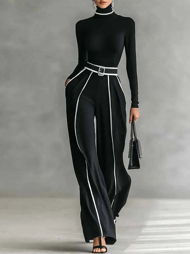 

BKQU Элегантный комплект брюк в полоску, женский пуловер с воротником и длинными рукавами, тонкие топы + широкие брюки, комплект из 2 предметов, офисный наряд, комбинезоны