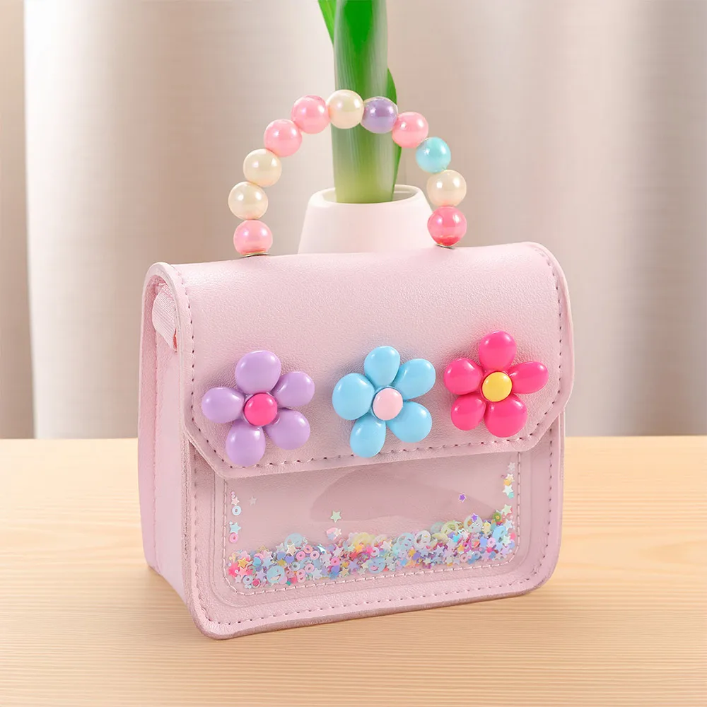 Kreative Niedliche Blumen Kinder-Umhängetasche PU-Leder Perlen Kinder-Schultertasche Glänzende Schleife Handtaschen – Detail 2