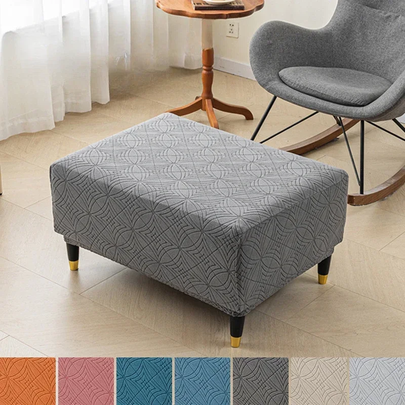 Thicken Velvet Ottoman Cover Elastic Jacquard Chair Cover Sofa Footrest All-inclusive Square Low Stool Cover Furniture Protector