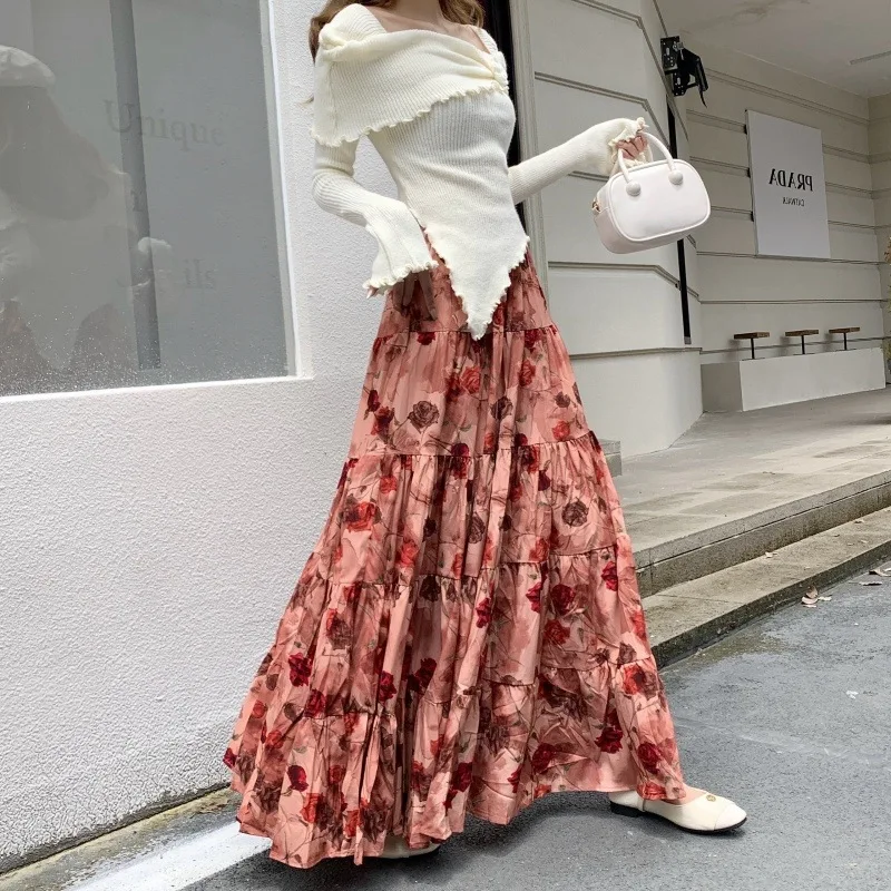 Vintage Art Rose Print Red A-line Skirt Women Spring Elastic Multi-layer Ruffle Cake Skirt Korean Elegant Aesthetics Midi Skirt