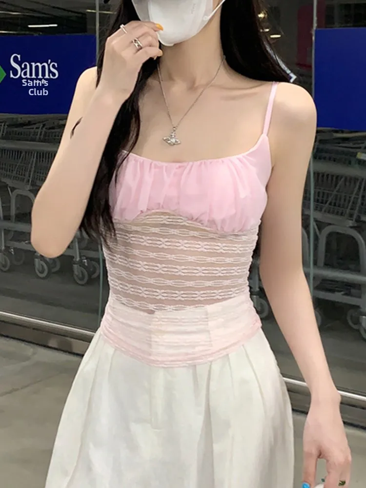 เสื้อครอปท็อปผ้าลูกไม้สำหรับผู้หญิง ดีไซน์เซนเซชั่น พร้อมเข็มขัดรัดเอว เสื้อกล้ามบางเบาสำหรับฤดูร้อน ใส่เป็นเสื้อซับในลำลอง แบรนด์ Sle Fidouha