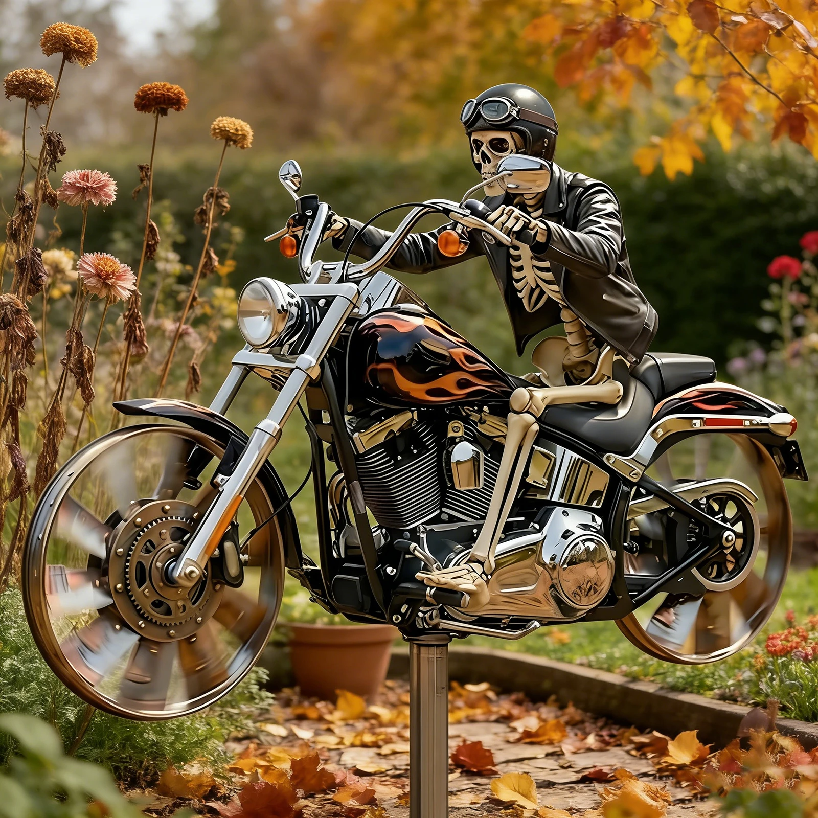 Skeleton Motorcycle Wind Spinner with Rotating Wheels Catching Wind Spinner Unique Resin Outdoor Sculptures Ornament for Patios view 3