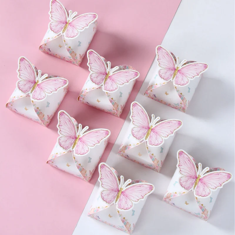 Pudełka na cukierki z różowym motylem Torby do pakowania prezentów Dekoracja urodzinowa dla dziewczynki Pudełko na prezent Baby Shower Pudełko do pakowania materiałów urodzinowych