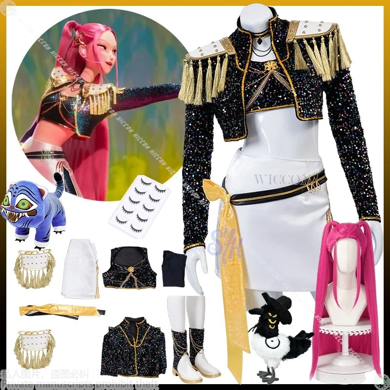 

Аниме Kpop Demon Косплей Huntrix Mira для золотой сценической формы, черное пальто, белое мини-платье Kawaii Jirai Kei для девочек, Корея Idol Cos