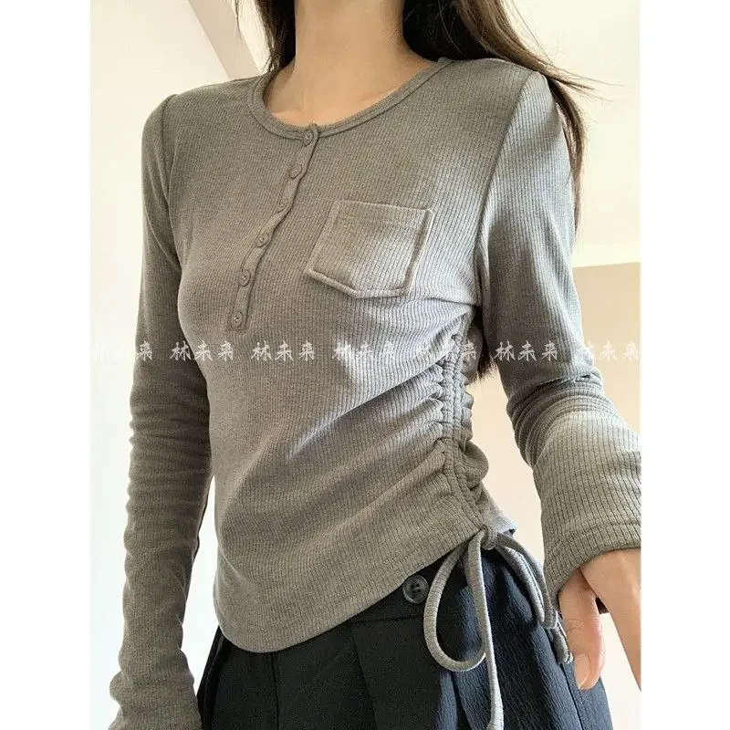 Small Pocket T-shirt Autumn/Winter Base Shirt Elastic Top Pure Desire Wind Sweet Spicy Round Neck Button Drawstring Long Sleeve