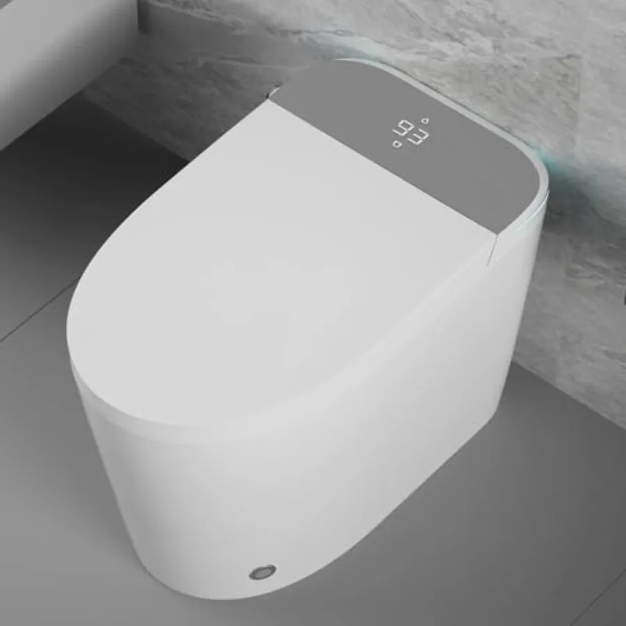 Intelligente Toilette für den Heimgebrauch, Keramikmaterial, graue Farbe, tankloses Design mit beheiztem Sitz, automatisches Öffnen/Schließen, Bidet, Trockner, warmes Wasser