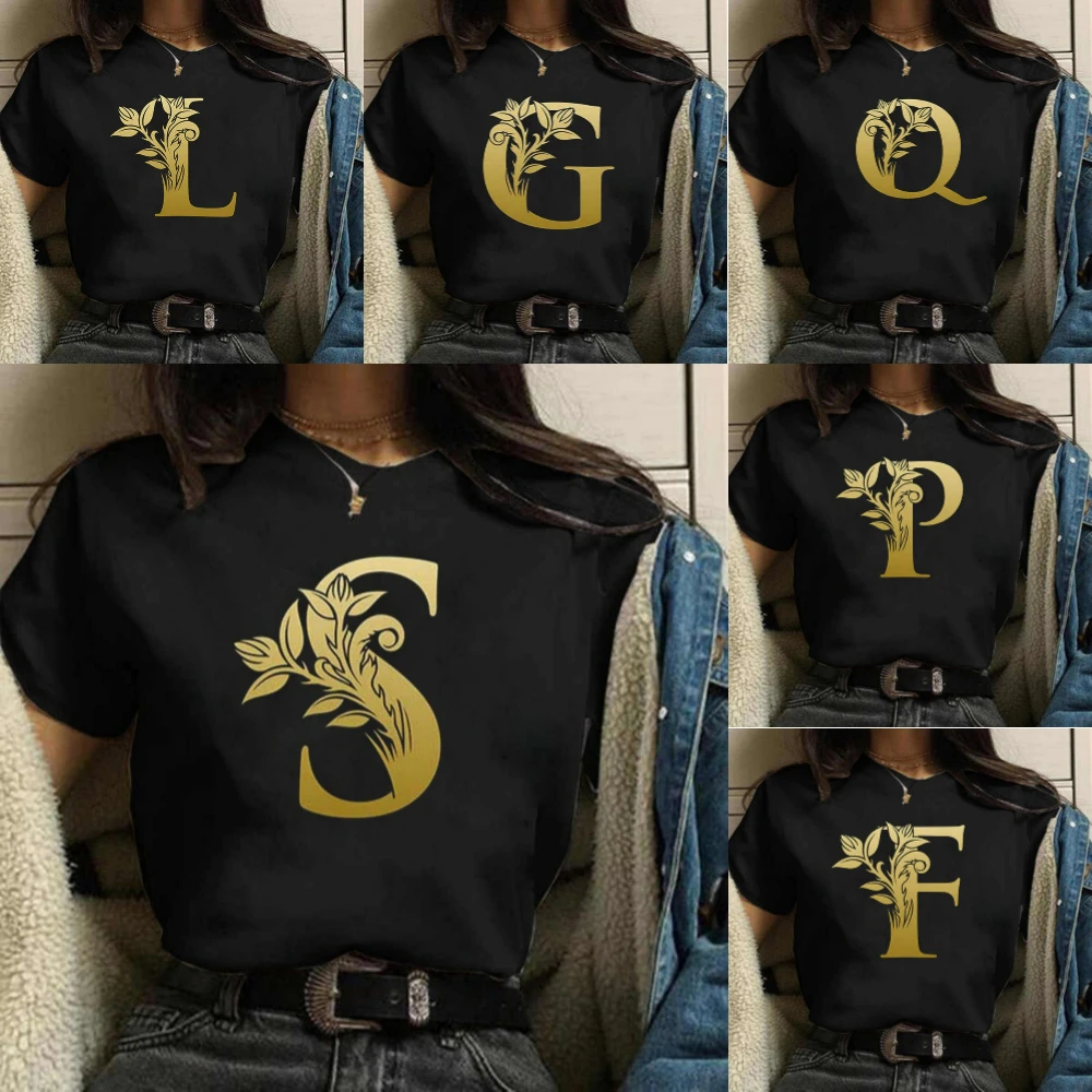 

Футболка большого размера с буквами Golden LeavesA To Z, рубашка с короткими рукавами для повседневного отдыха, модная повседневная футболка большого размера, повседневная уличная одежда