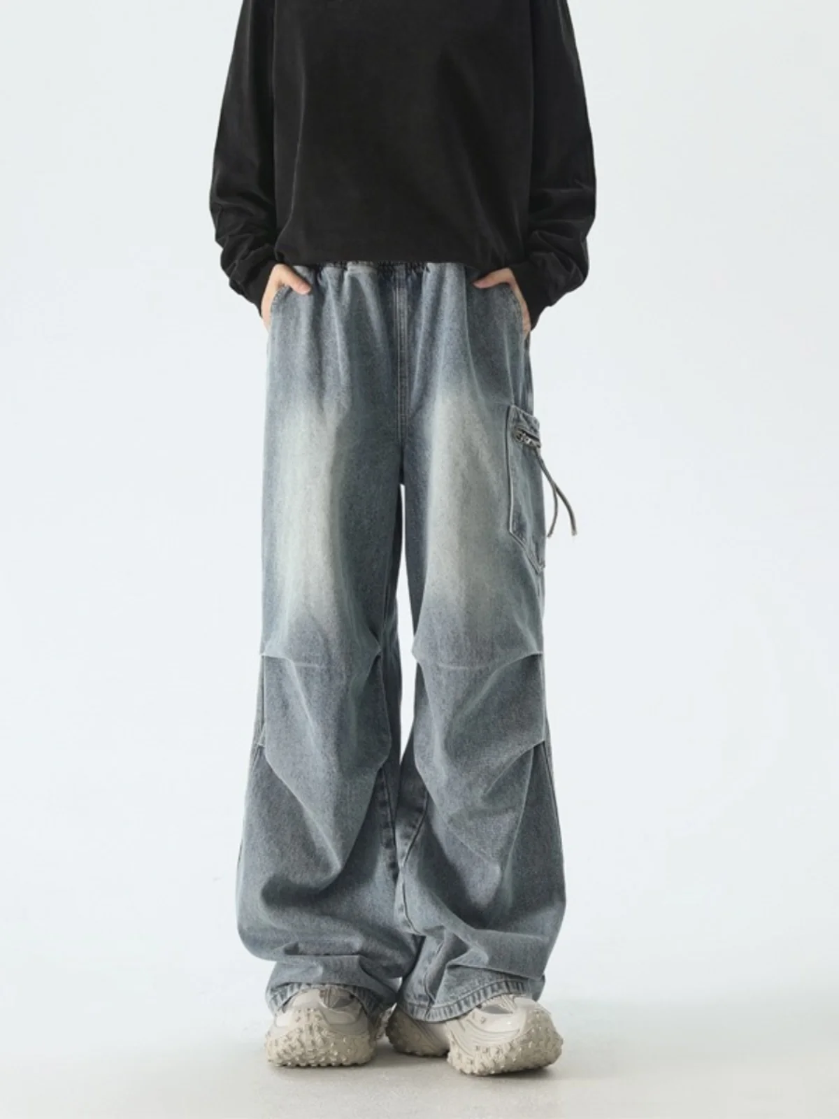 

Мужские джинсы в американском стиле ретро High Street, свободные повседневные длинные брюки с завышенной талией, весна-осень, эластичная талия, большие размеры